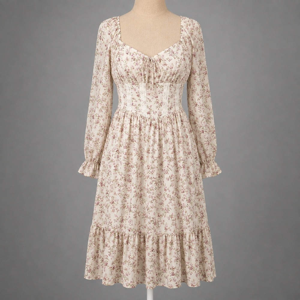 Floral Fairy Milkmaid Babydoll Peasant Dress Sz S Pink Cottagecore Prairie Boho